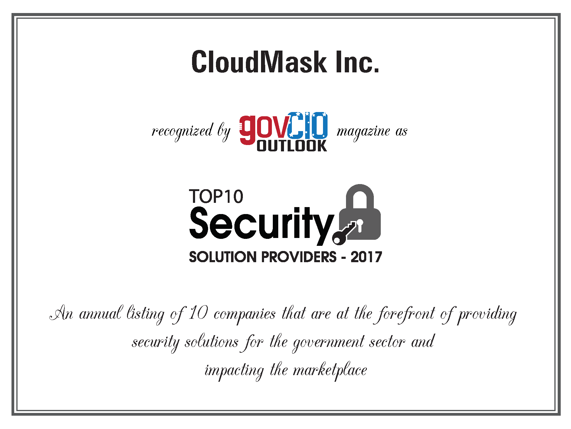 CloudMask Named to Gov CIO Outlook’s Top 10 Security Solution Providers 2017